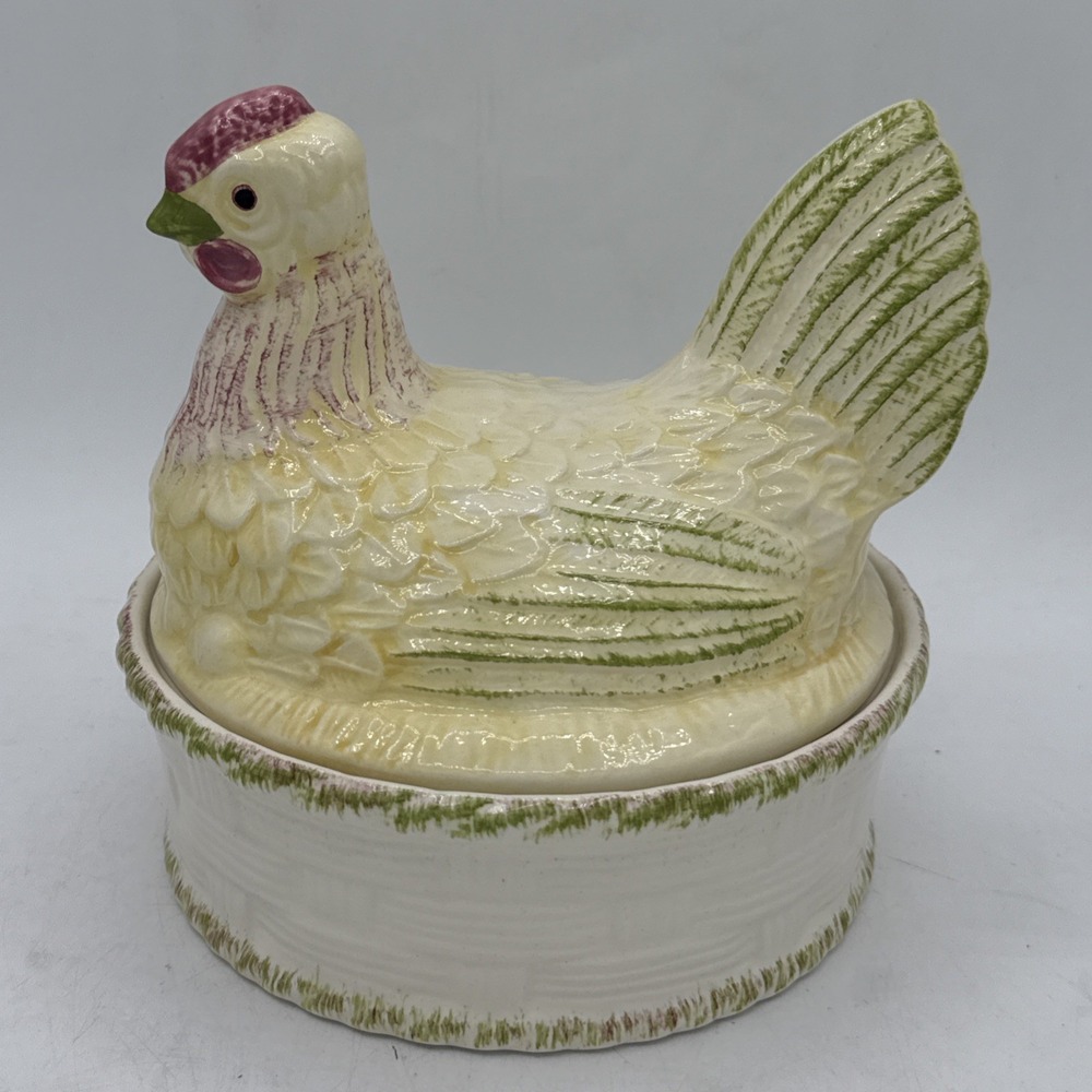 VTG Ceramic Hen on Nest Chicken Covered Dish Basket Candy Bowl Yellow Green 6"